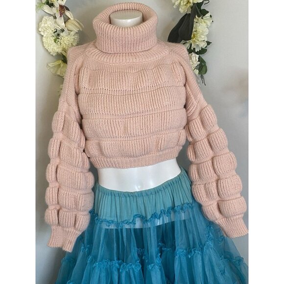 Bubble Gum Pink Turtleneck Cropped Chunky Puffy Sweater Small Medium Trendy EUC - Picture 11 of 16
